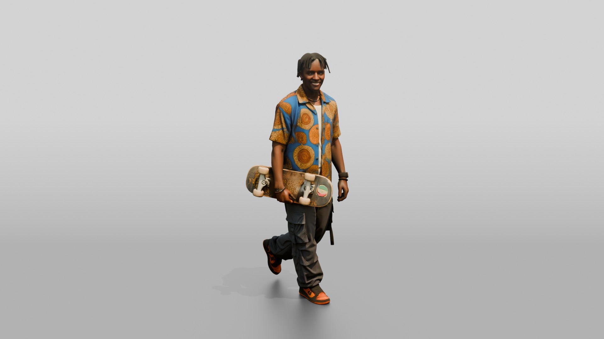 Athletic African Man Holding a Skateboard in a Print Shirt