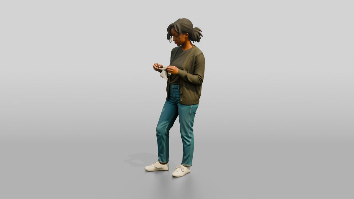 Homeless Woman Cleaning Her Glasses with a Cloth - 3D character model, view 4
