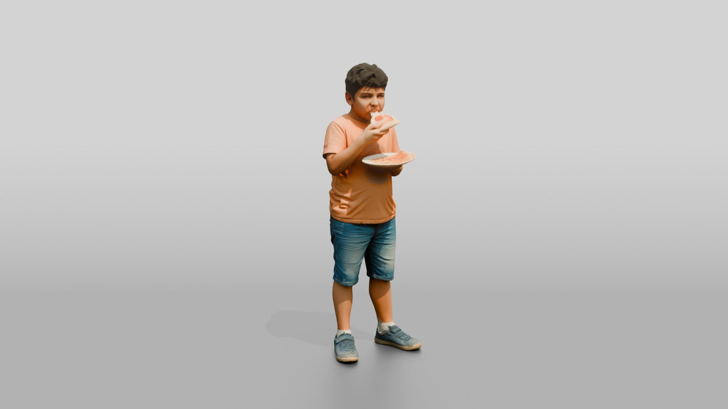 Stocky Portuguese Boy Eating a Slice of Pizza