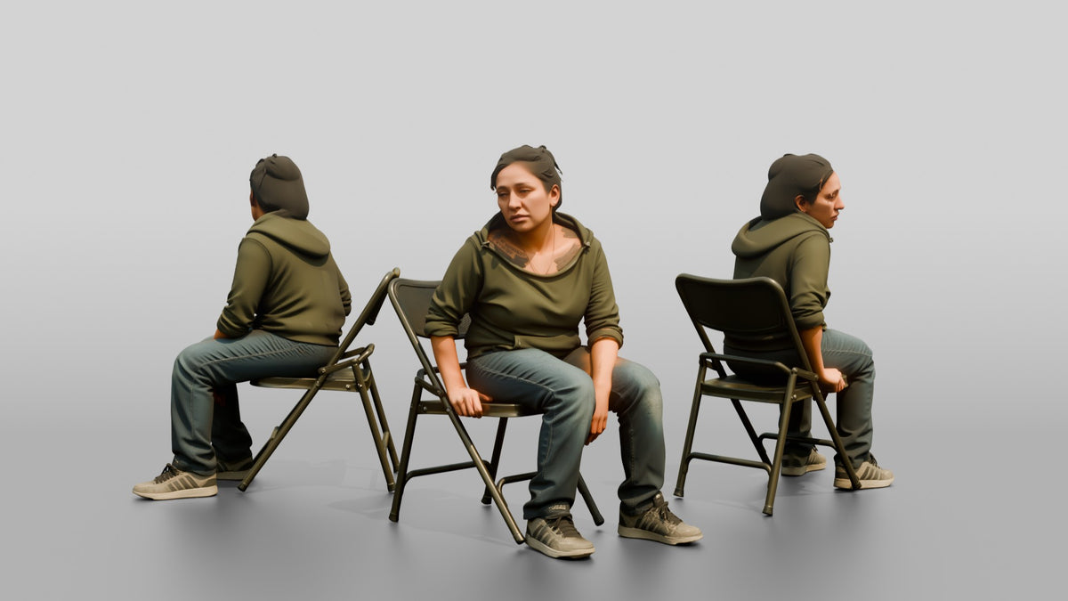 Homeless Woman Looking Off-balance and Sitting Heavily - 3D character model