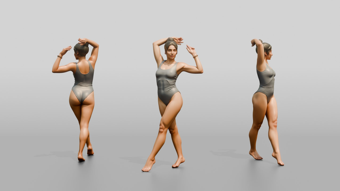 Woman in Grey One-Piece Swimsuit Posing Arms Raised