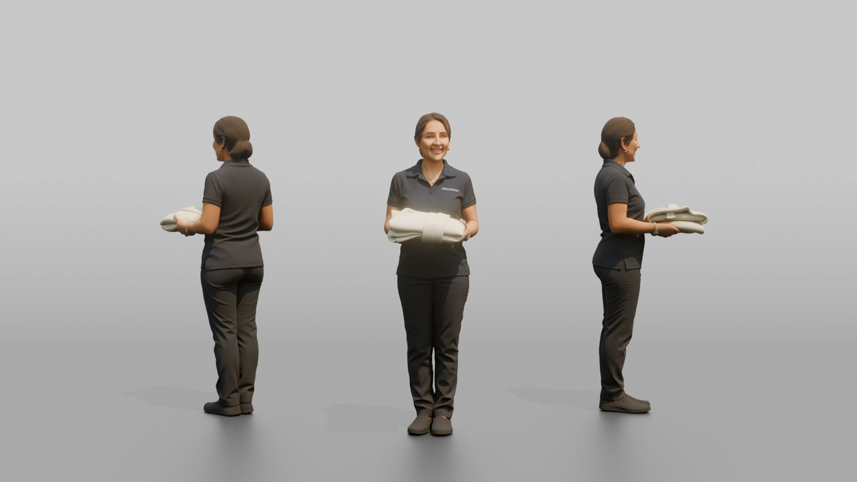 Spa Receptionist Woman Holding A Folded White Spa Robe - 3D character model, view 1