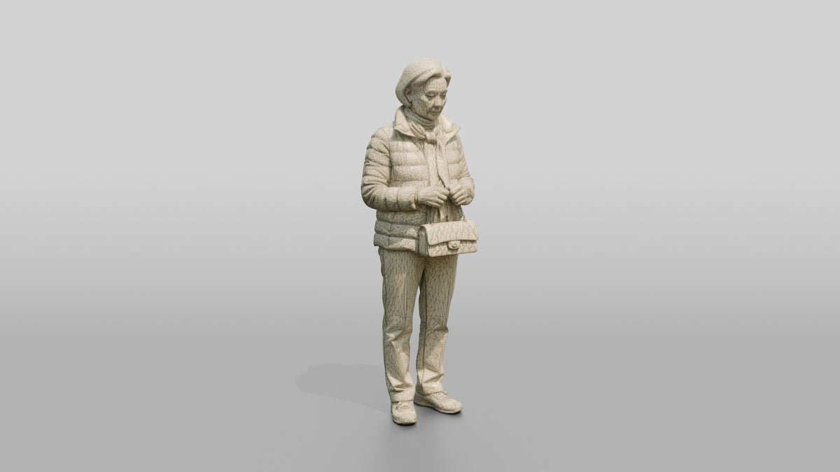 Elderly Chinese Woman in Puffer Jacket - wireframe topology preview