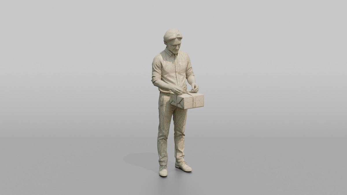 Man Sales Associate Wrapping A Gift Box With Ribbon - wireframe topology preview