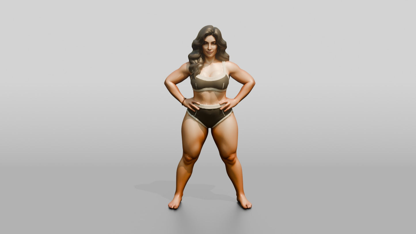 Curvy Woman in Taupe Two-Piece Swimsuit Wide Stance