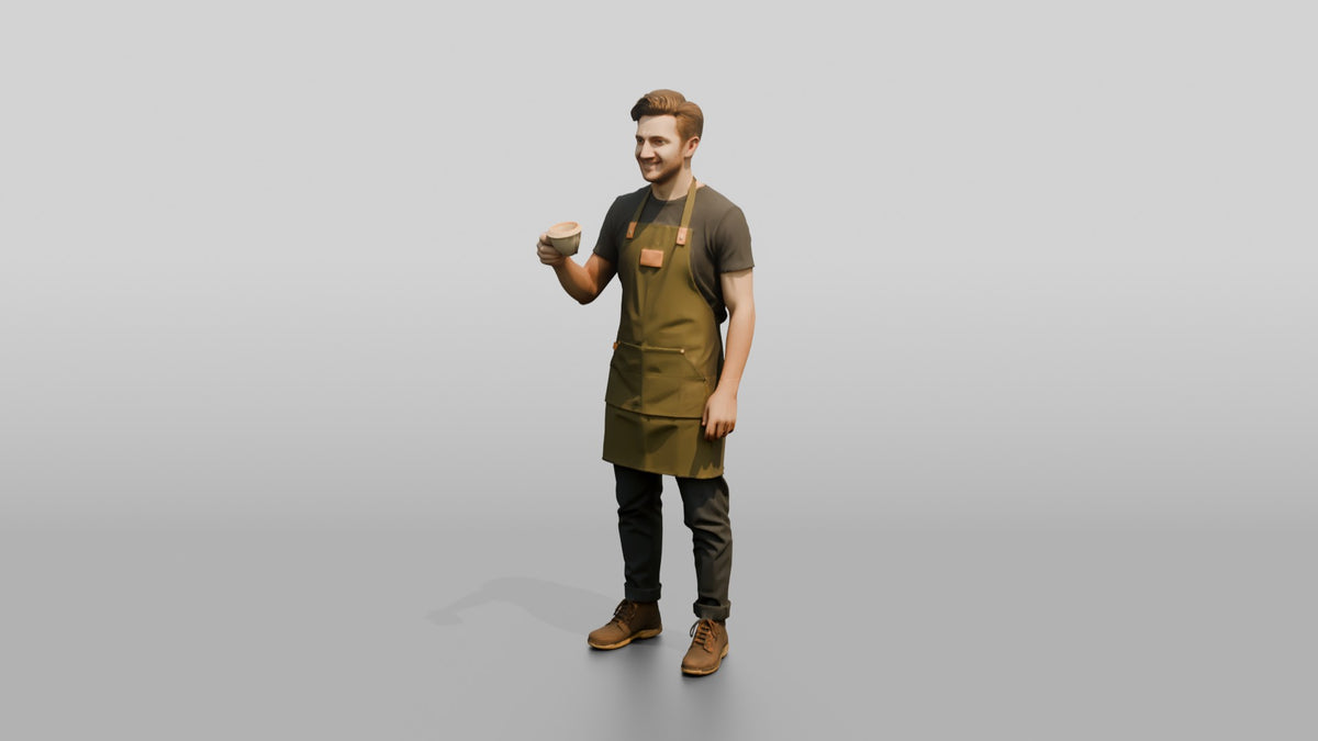 Young Man Barista Creating Latte Art - 3D character model, view 4