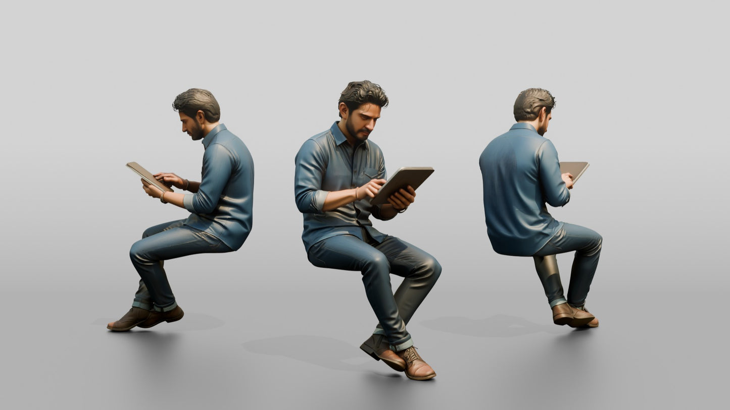 Man Using a Tablet on a Stool