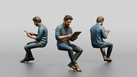 Man Using a Tablet on a Stool