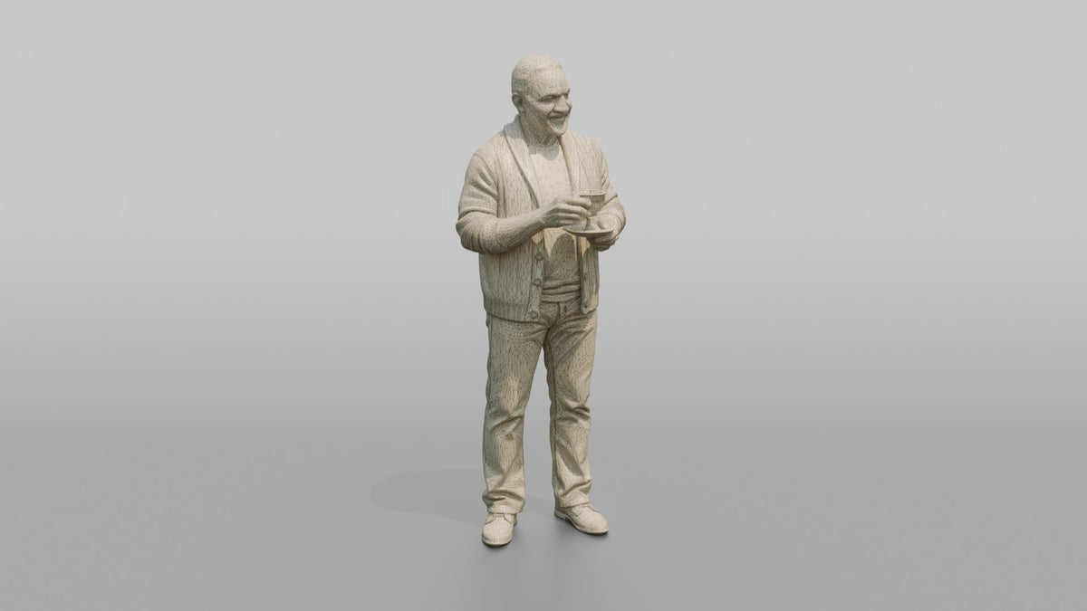 Grandfather Holding A Teacup And Saucer - wireframe topology preview