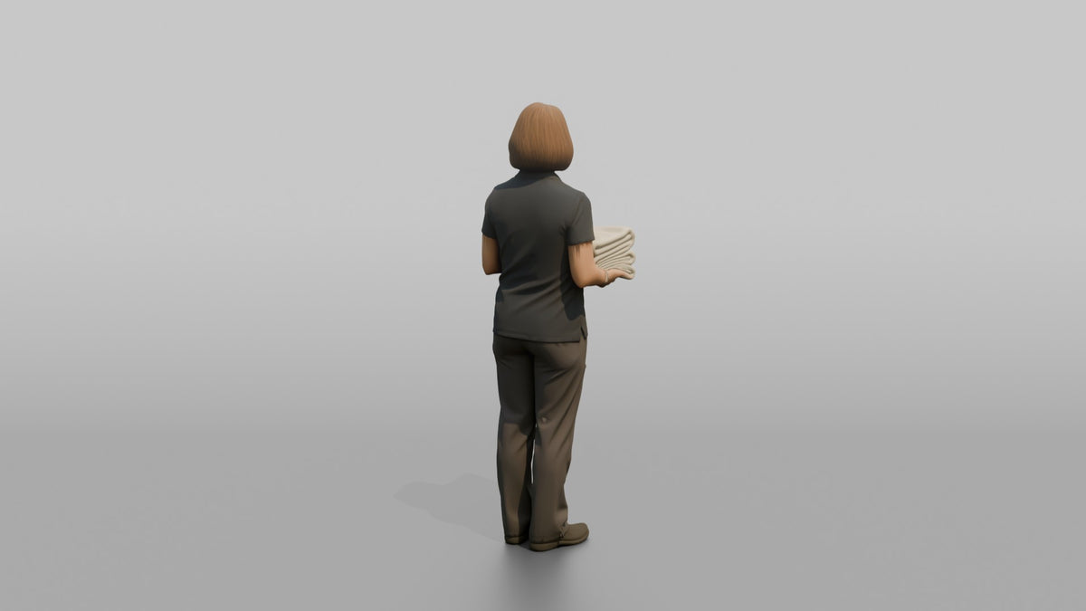 Massage Therapist Woman Holding A Neatly Folded Stack Of Towels - 3D character model, view 3