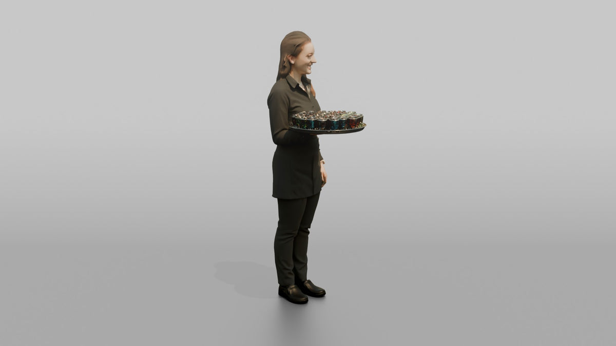 Cocktail Server Woman Carrying A Tray Of Shot Glasses - 3D character model, view 2