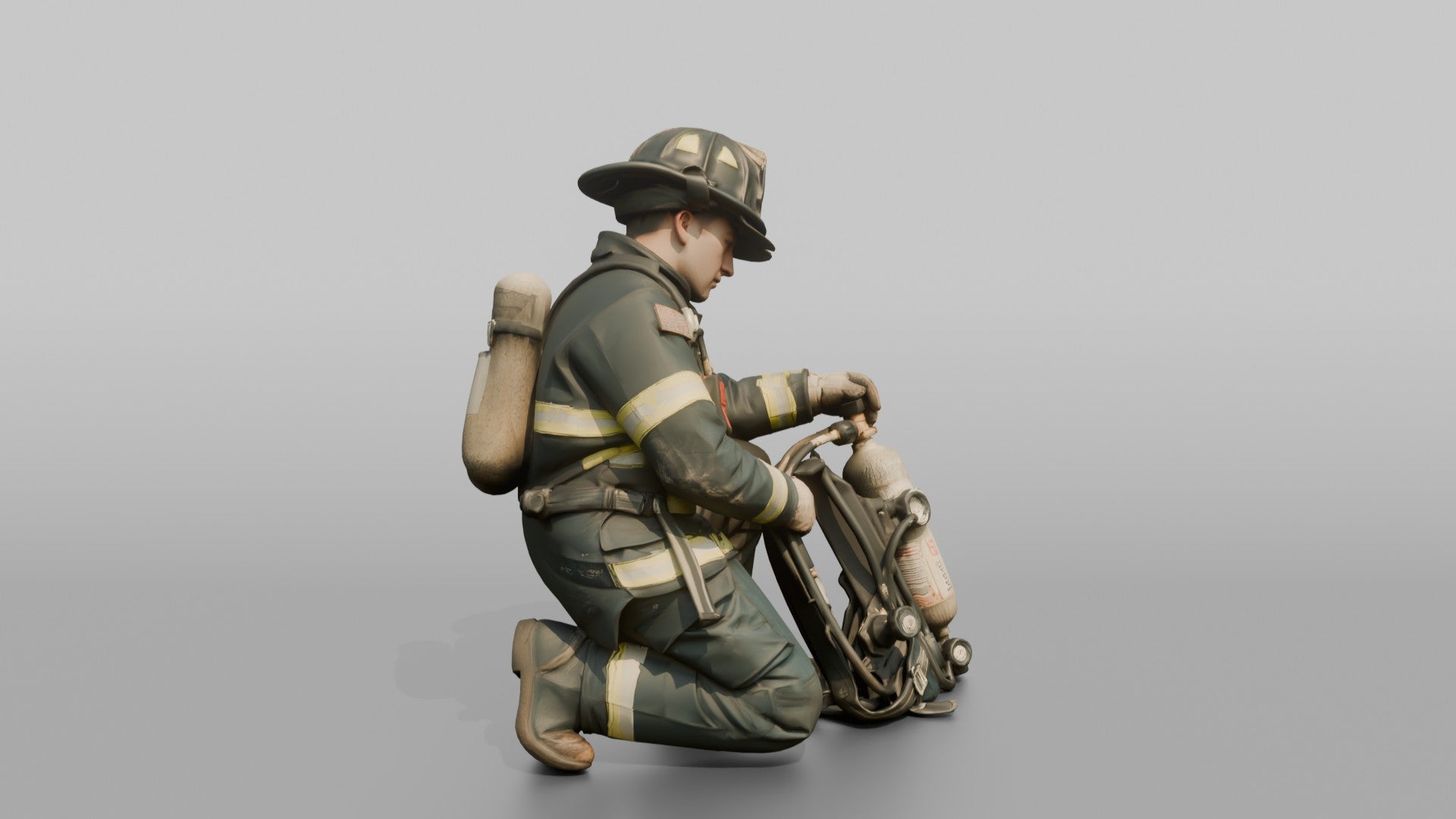 Firefighter Man Crouching While Inspecting an SCBA Valve Assembly