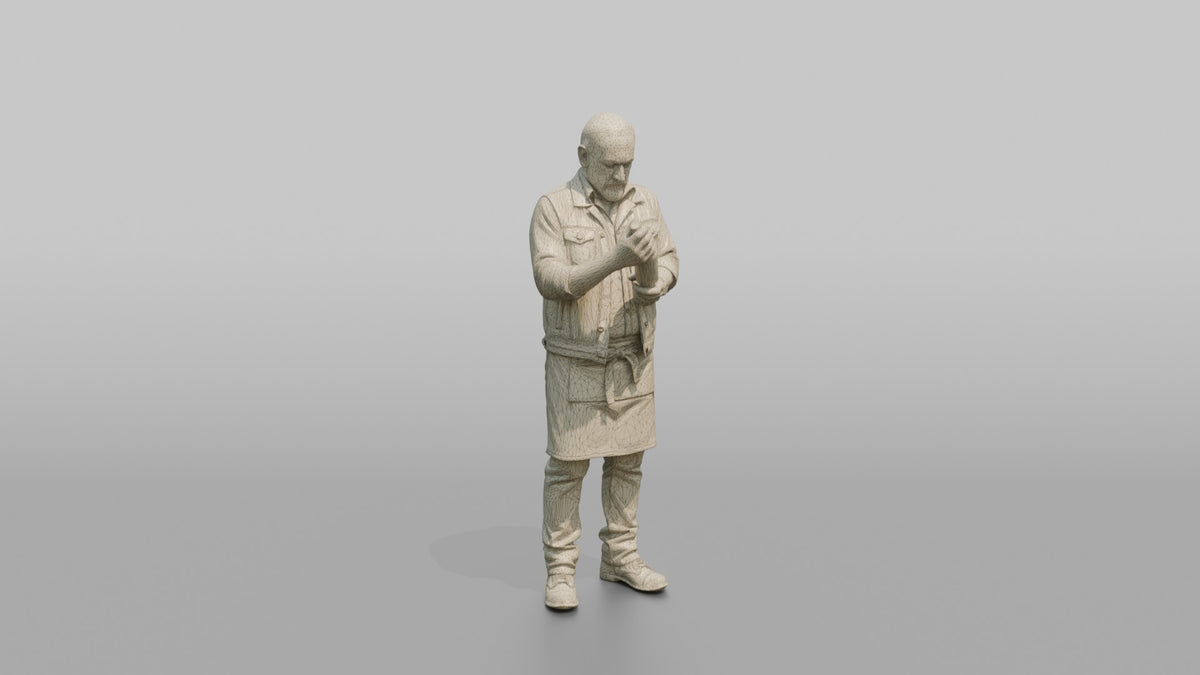 Bartender Man Holding A Bottle, Reading The Label - wireframe topology preview