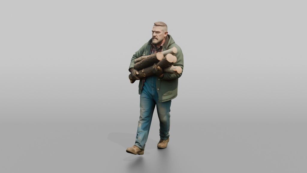 Farmer Carrying Armful Of Thick Hardwood Logs