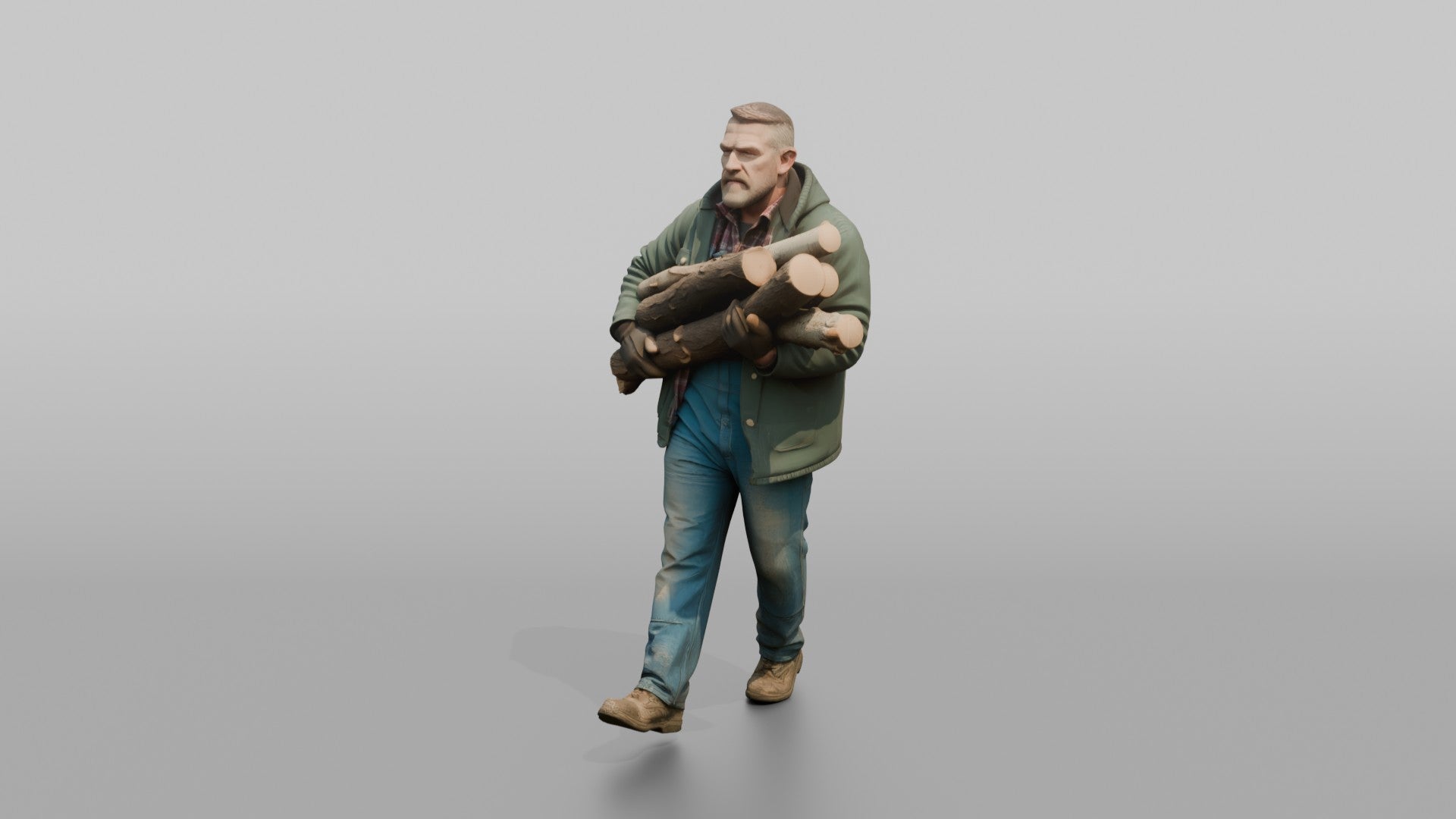 Farmer Carrying Armful Of Thick Hardwood Logs