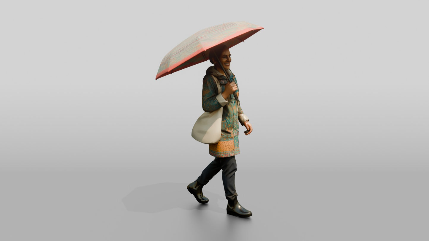 Indian Woman in Patterned Raincoat with Umbrella