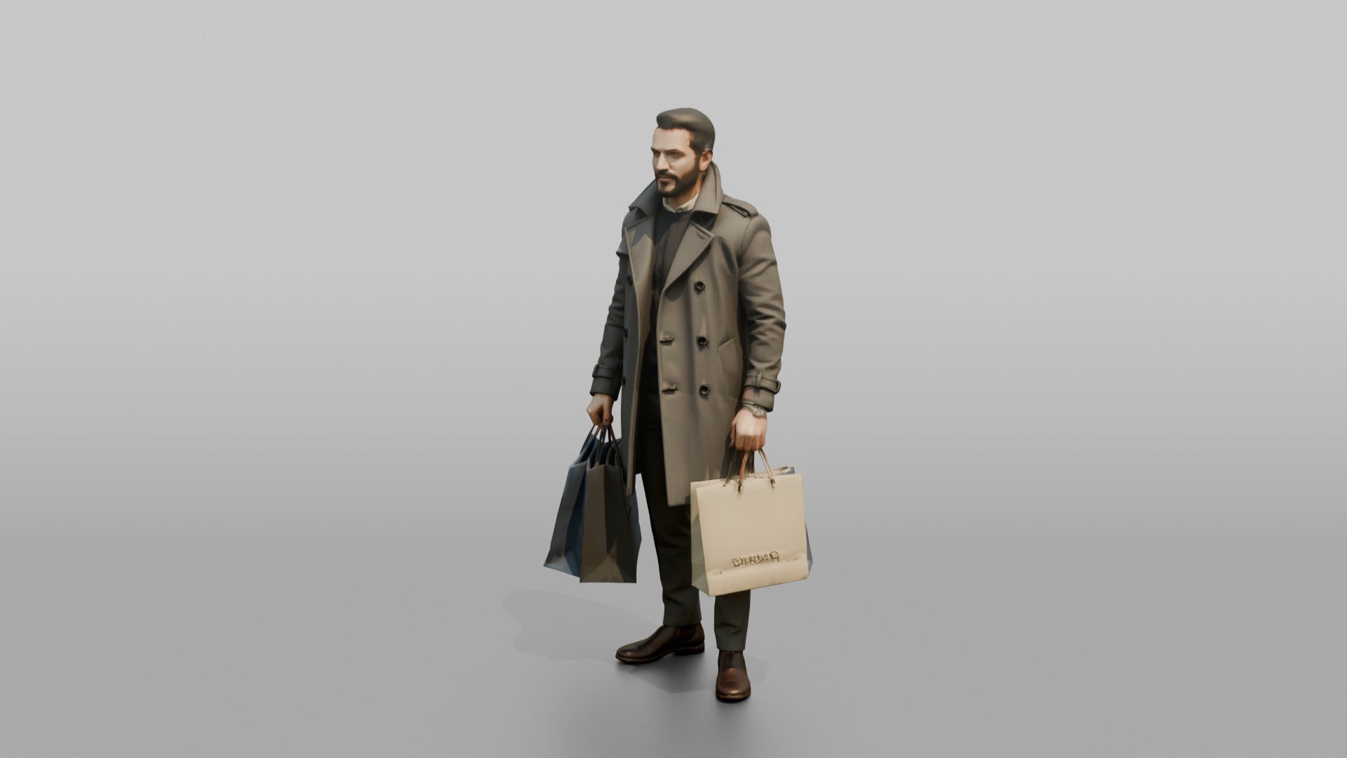 Middle Eastern Man in Trench Coat with Shopping Bags