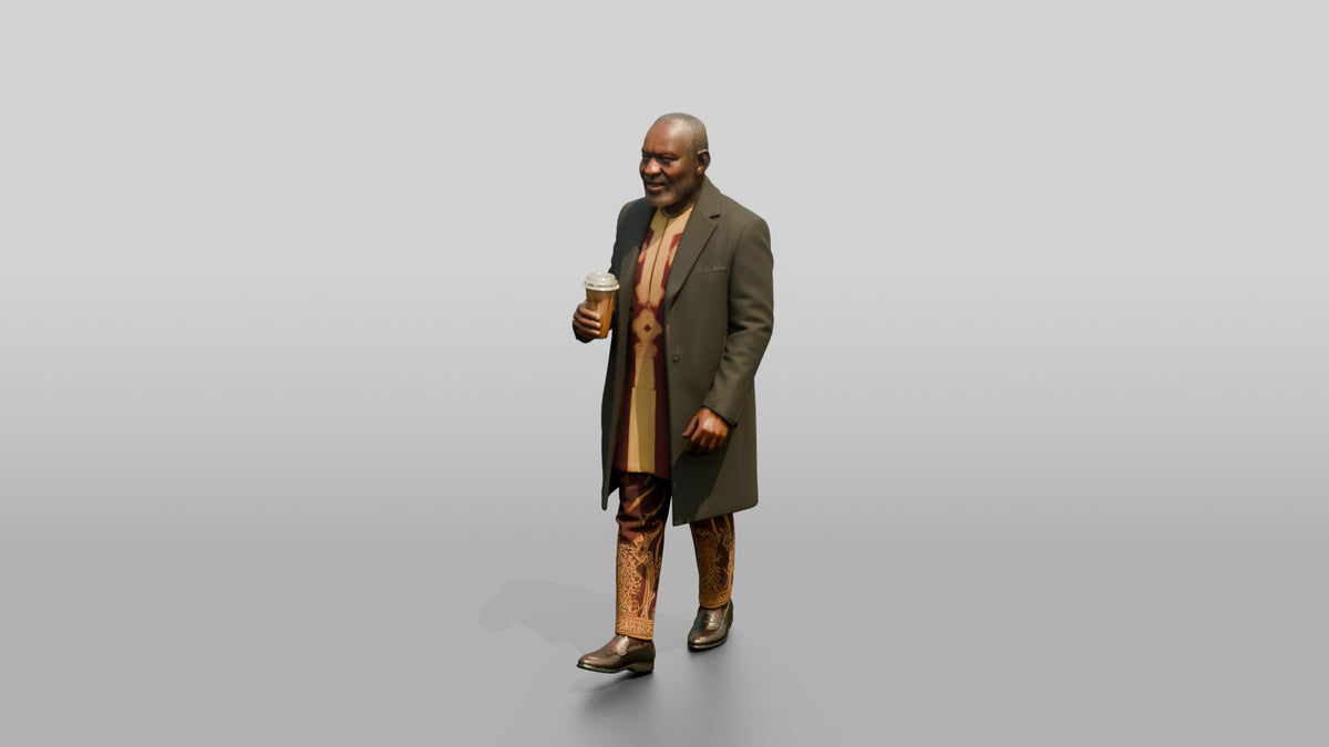 Elderly African Man in an Embroidered Agbada and Coat - 3D character model, view 4