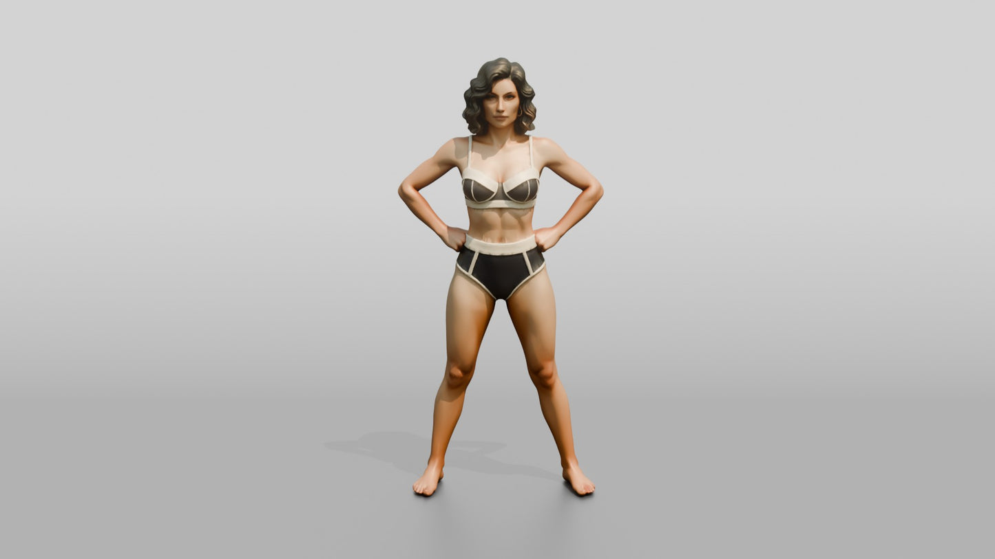 Woman in Black Two-Piece Swimsuit Wide Stance Hands on Hips