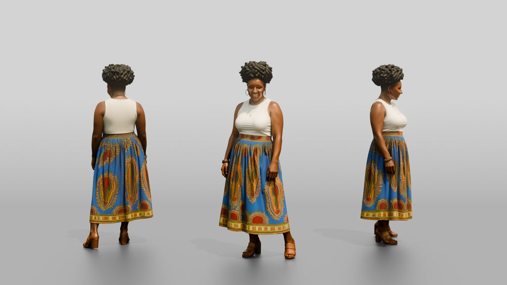 African Woman in Dashiki Print Skirt and White Top