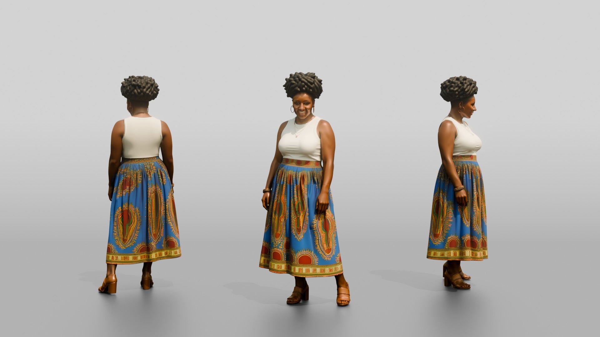 African Woman in Dashiki Print Skirt and White Top