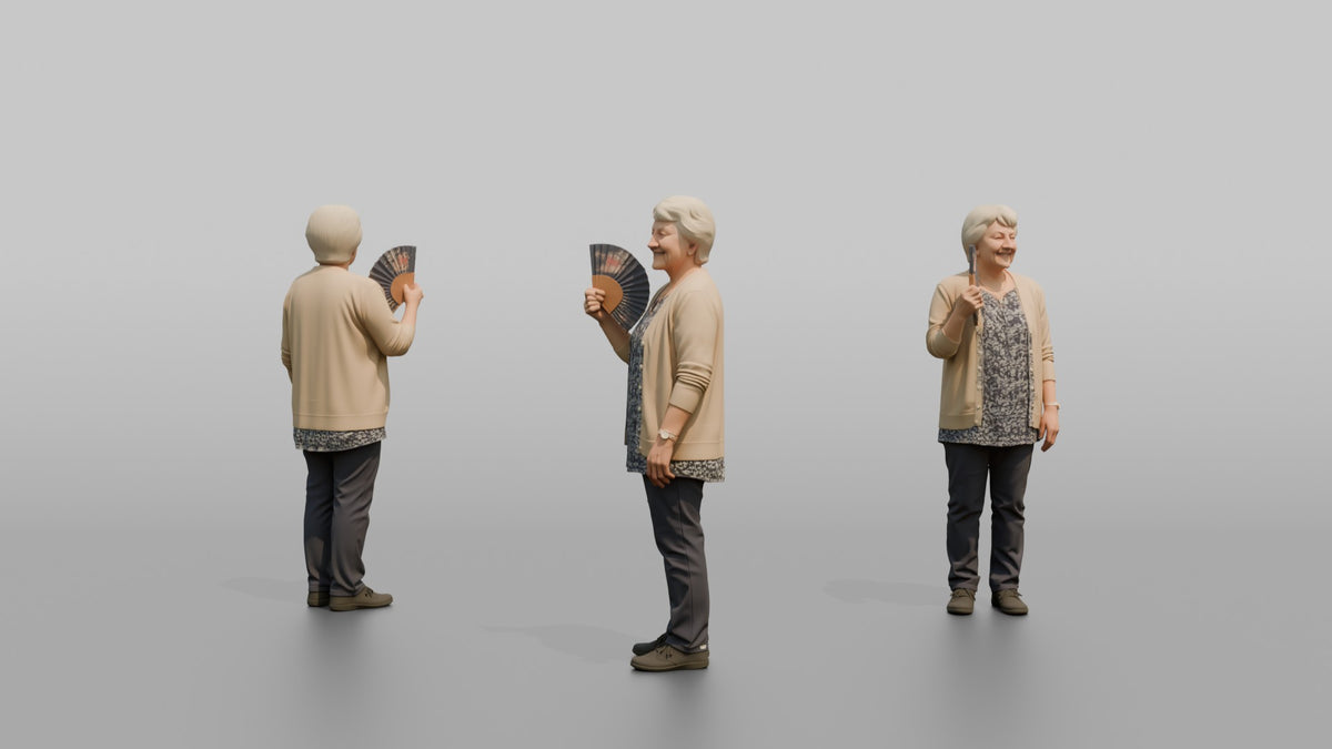 Grandmother Holding A Fan, Gently Fanning Herself - 3D character model, view 1