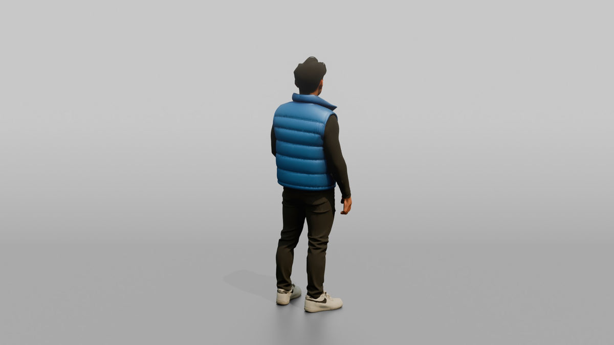 Patron Man Striking A Confident Pose In A Bright Puffer Vest - 3D character model, view 3