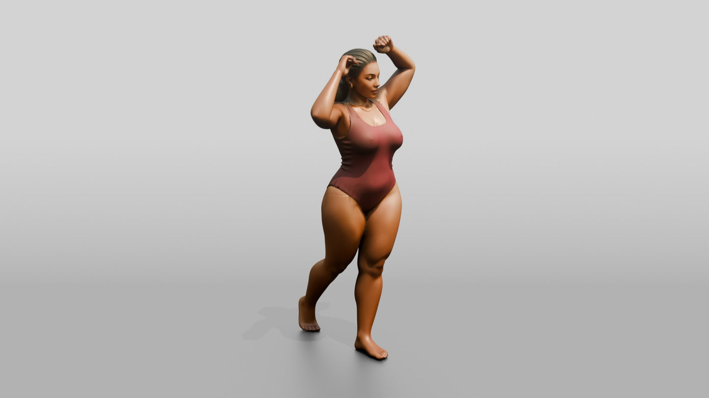 Curvy Woman in Rose Two-Piece Swimsuit Arms Raised