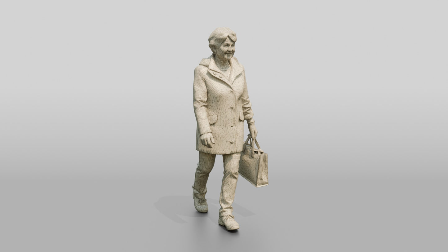 Elderly White Woman in Floral Raincoat with Shopping Bag