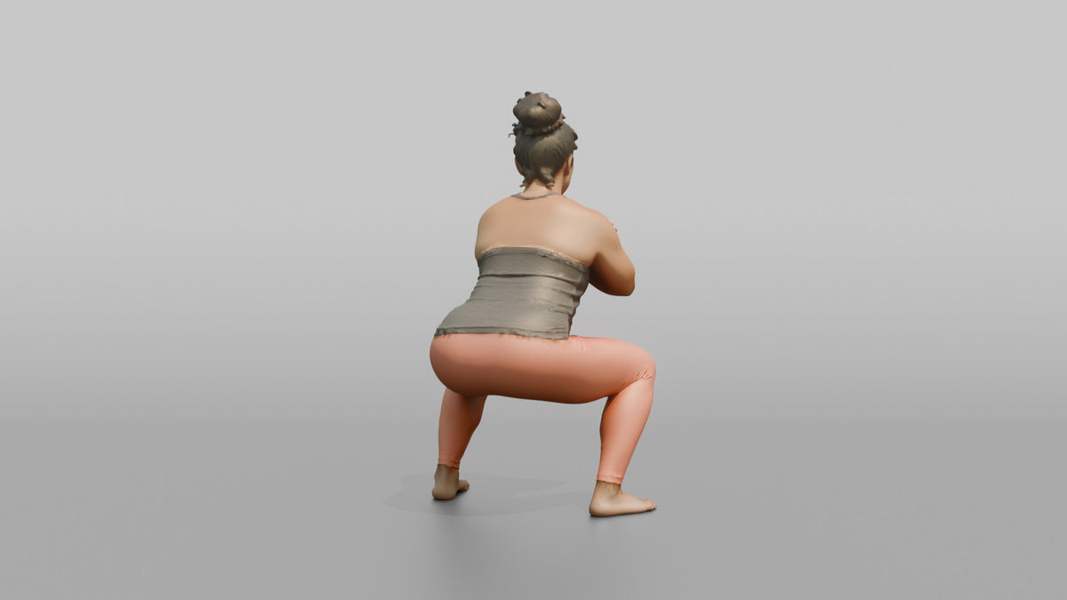 Bodyweight Athlete Woman Holding A Deep Squat Position, Arms Crossed - 3D character model, view 3