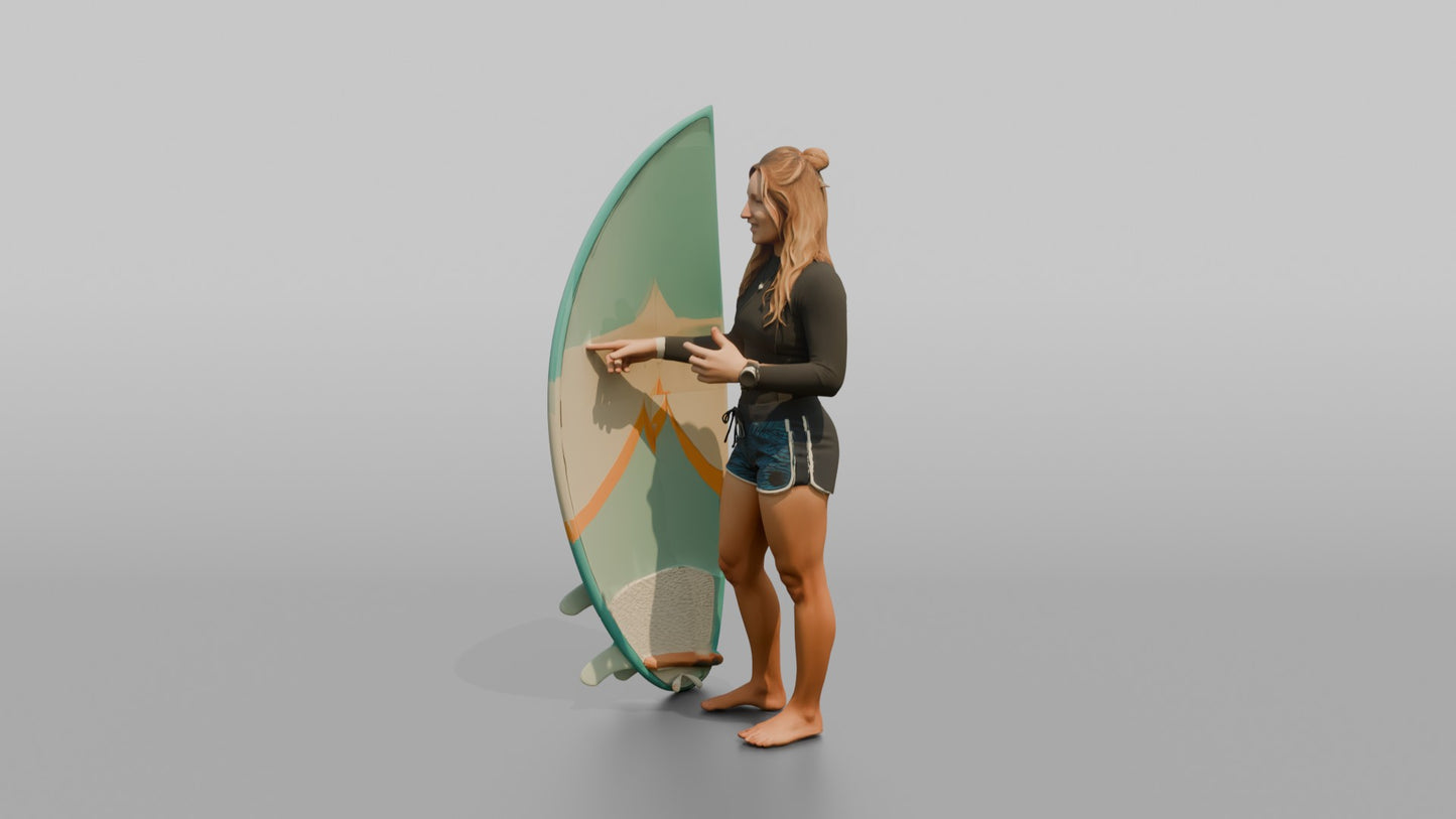 Surfer Gesturing Toward Her Surfboard