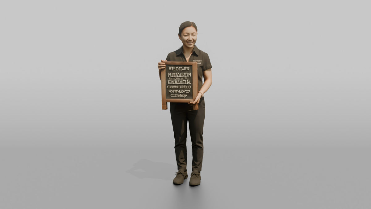 Host Woman Holding A Small Stand-up Chalkboard Menu - 3D character model, view 5