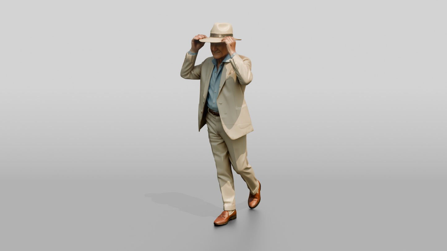 Elderly Slender Italian Gentleman Adjusting His Panama Hat