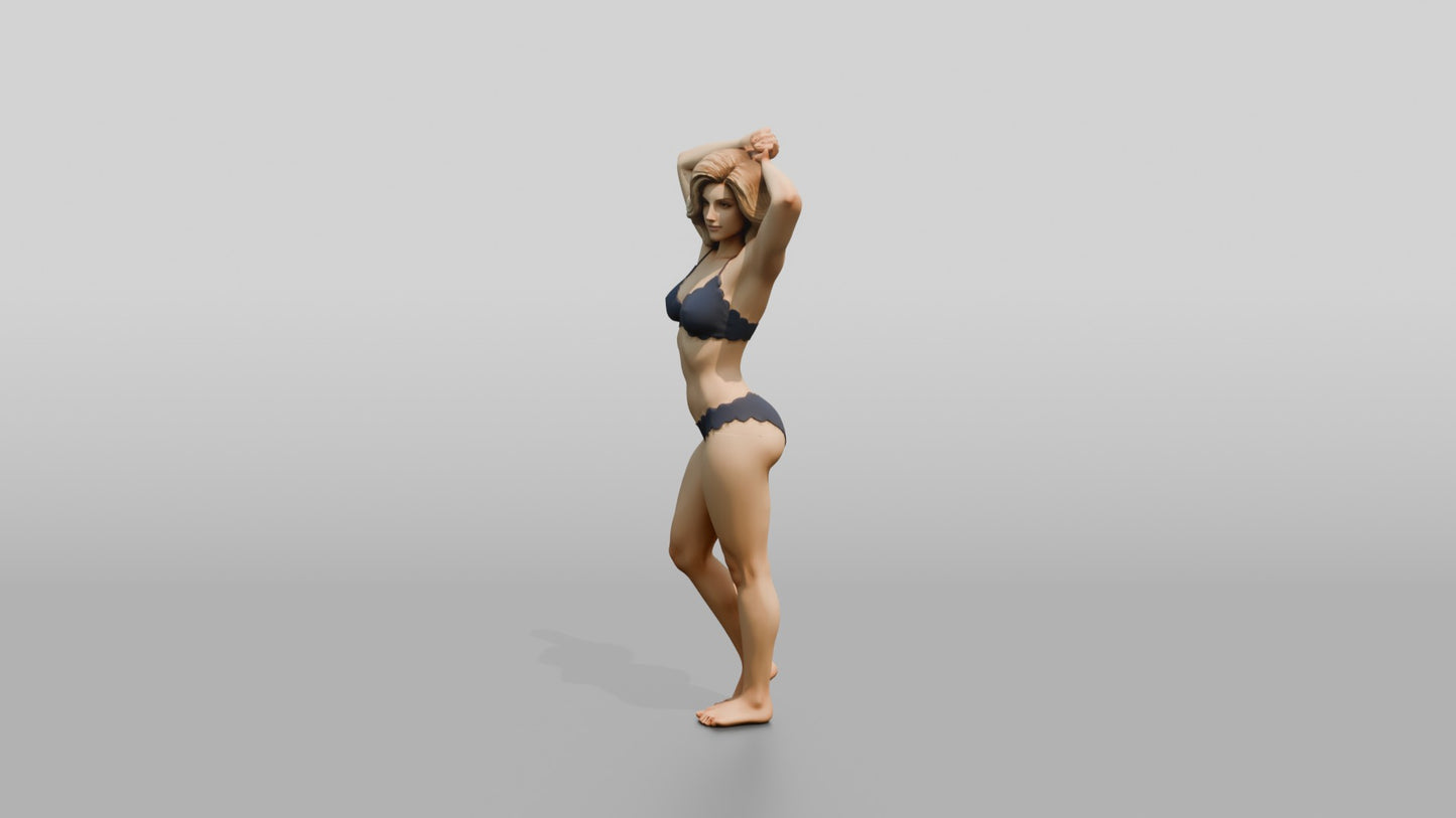 Blonde Woman in Navy Two-Piece Swimsuit Arms Raised