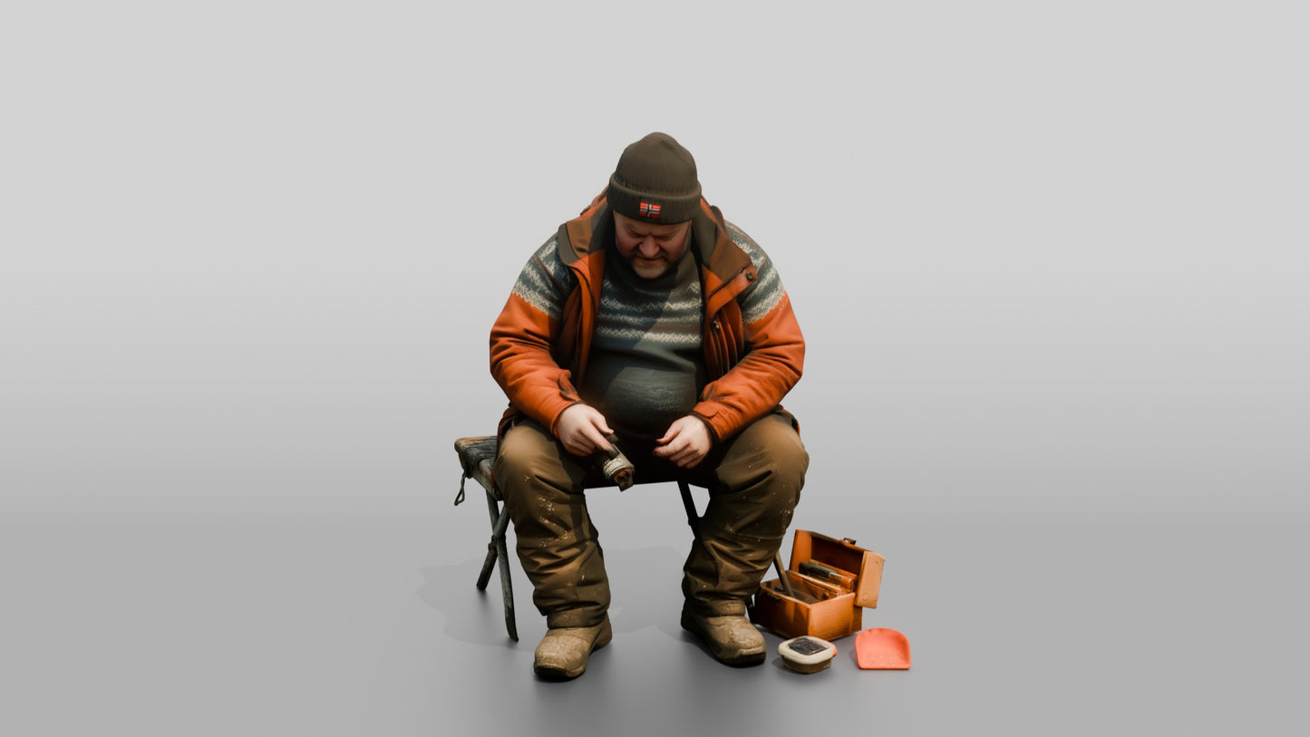 Elderly Norwegian Man Ice Fishing