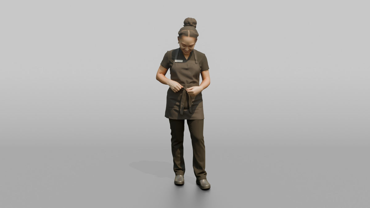 Massage Therapist Woman Adjusting A Spa Apron At The Waist - 3D character model, view 5