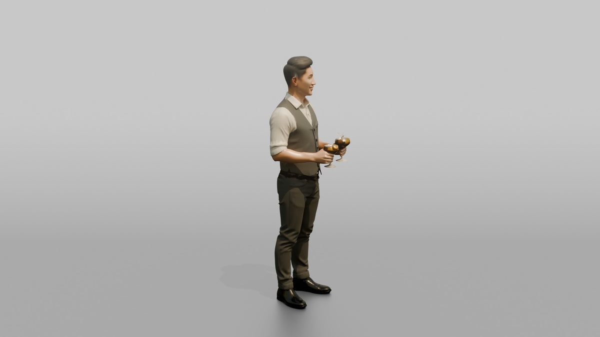 Bartender Man Holding Two Cocktail Glasses - 3D character model, view 2