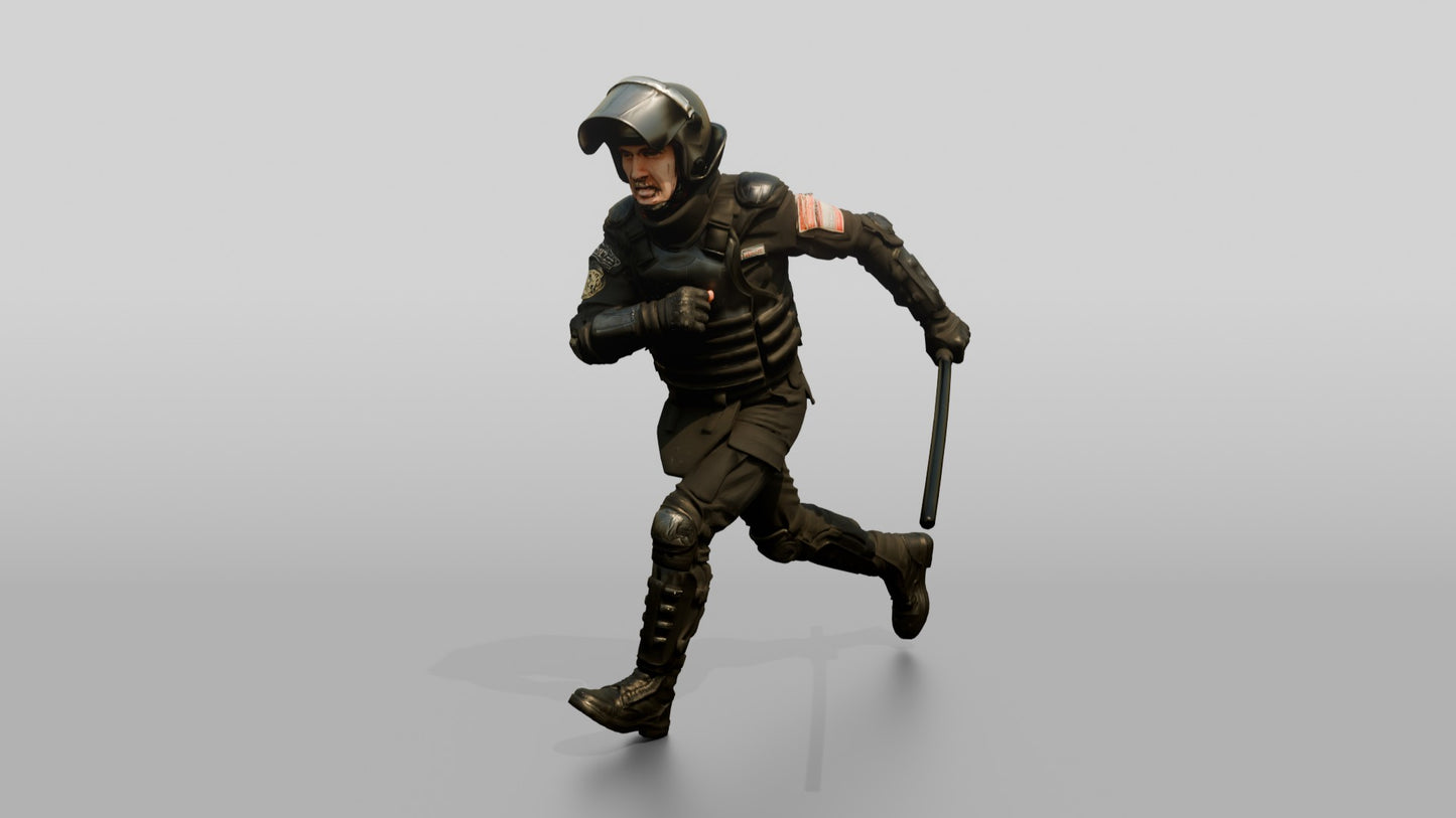 Riot Police Officer Running with Baton