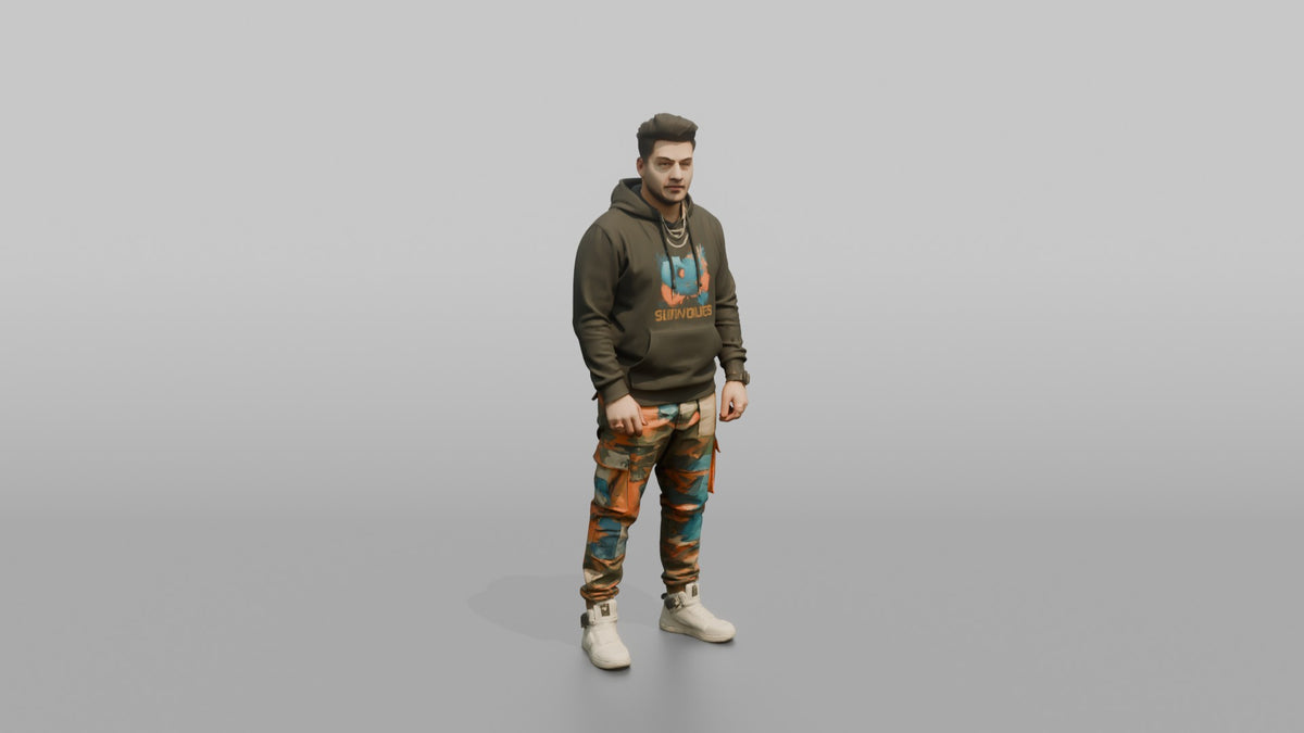 Patron Man Striking A Pose In Colorful Cargo Pants And A Graphic Hoodie - 3D character model