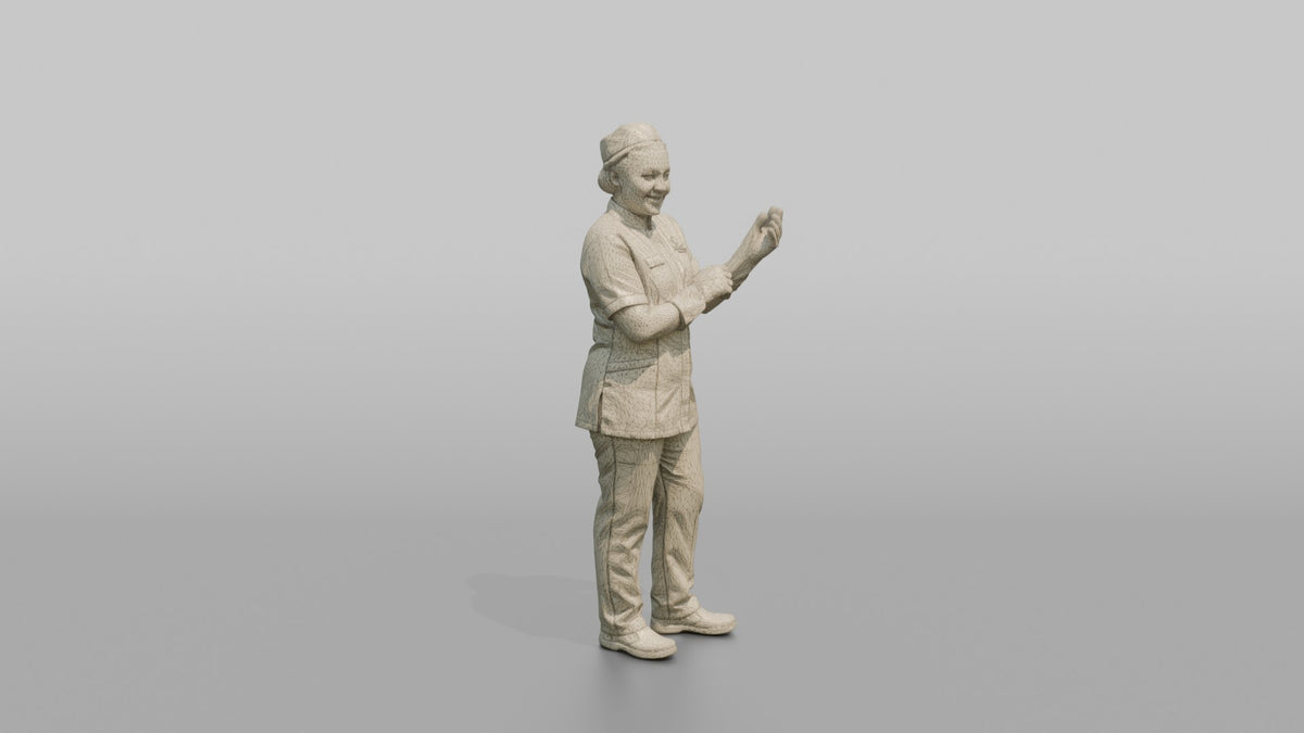 Housekeeping Staff Woman Adjusting Rubber Cleaning Gloves - wireframe topology preview