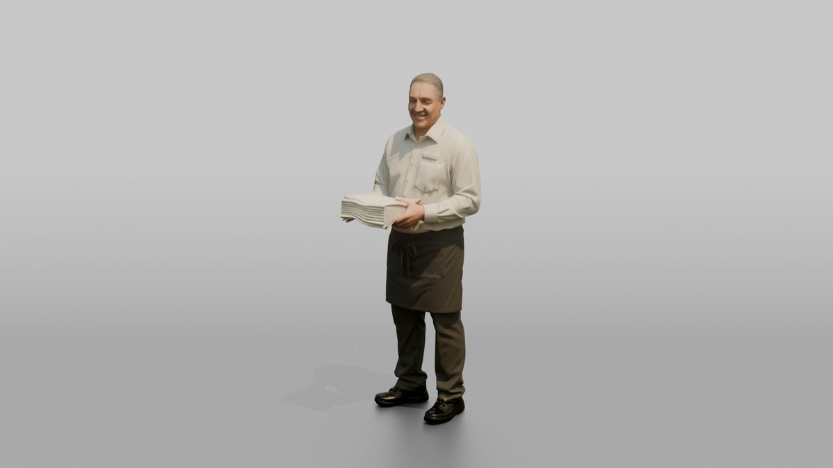 Server Woman Carrying A Stack Of Clean Folded Napkins - 3D character model, view 4