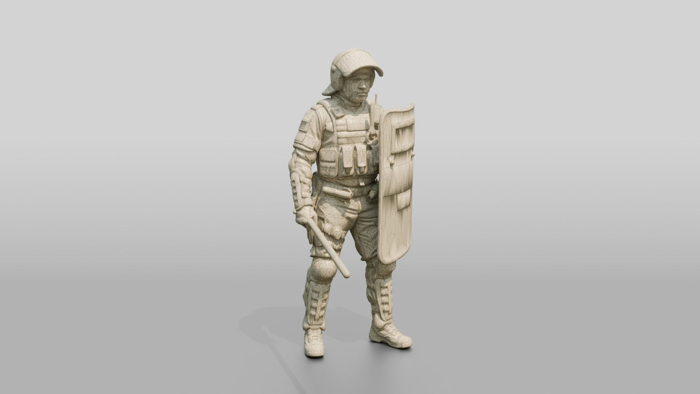 Riot Police Officer Standing with Marked Shield