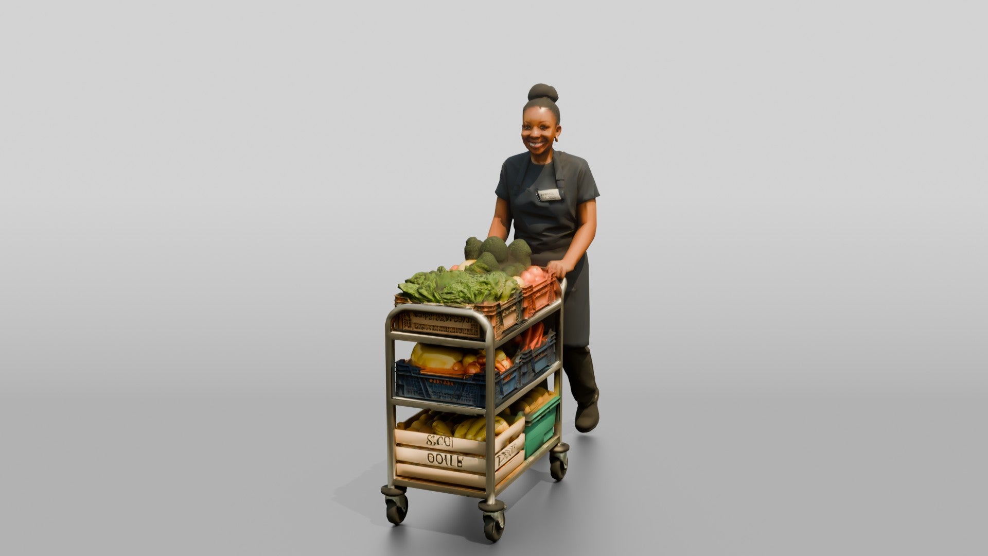 Kitchen Assistant Wheeling a Produce Cart