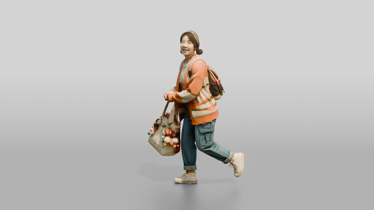 Asian Woman Carrying Overflowing Tote Bag - 3D character model, view 4