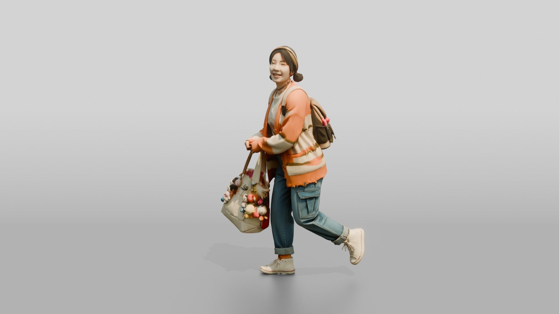 Asian Woman Carrying Overflowing Tote Bag