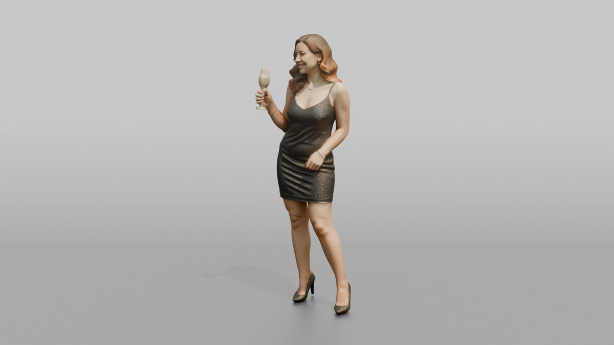 Patron Woman Holding A Champagne Glass, Celebratory Pose - 3D character model, view 4