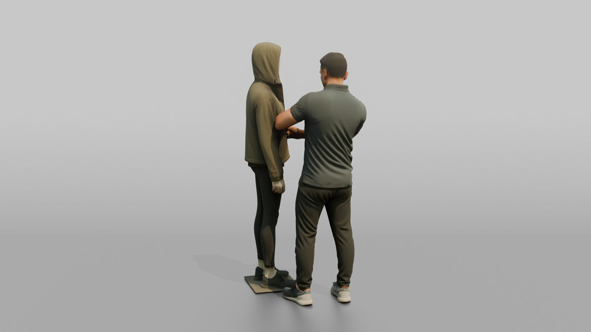 Man Sales Associate Dressing A Mannequin In A New Jacket - 3D character model, view 3