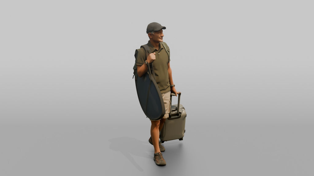 Traveler Carrying A Surfboard And Backpack
