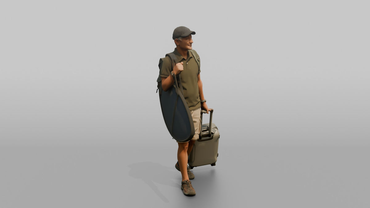 Traveler Carrying A Surfboard And Backpack - 3D character model, view 2