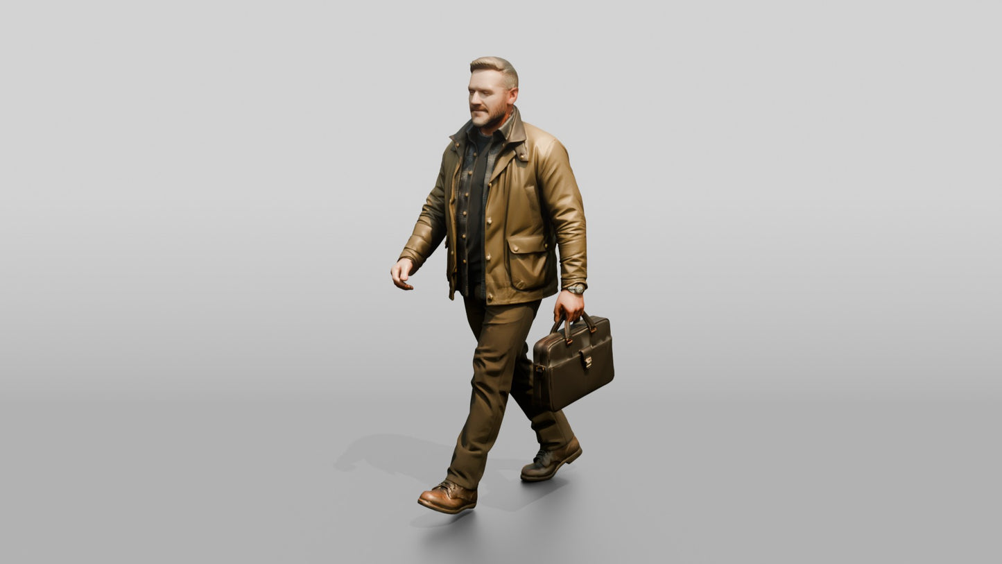 White Man Walking with a Briefcase in Waxed Jacket